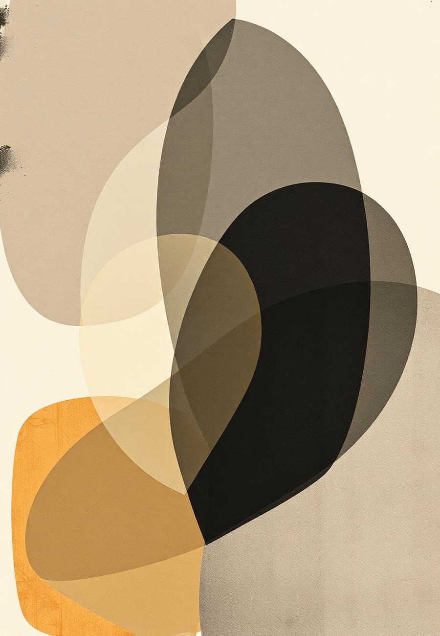 Abstract composition of overlapping translucent shapes in sand, black and amber